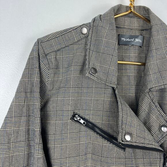 Michael Stars Houndstooth Moto Style Jacket Plaid Gray Cotton Blazer Sz M - Picture 7 of 8